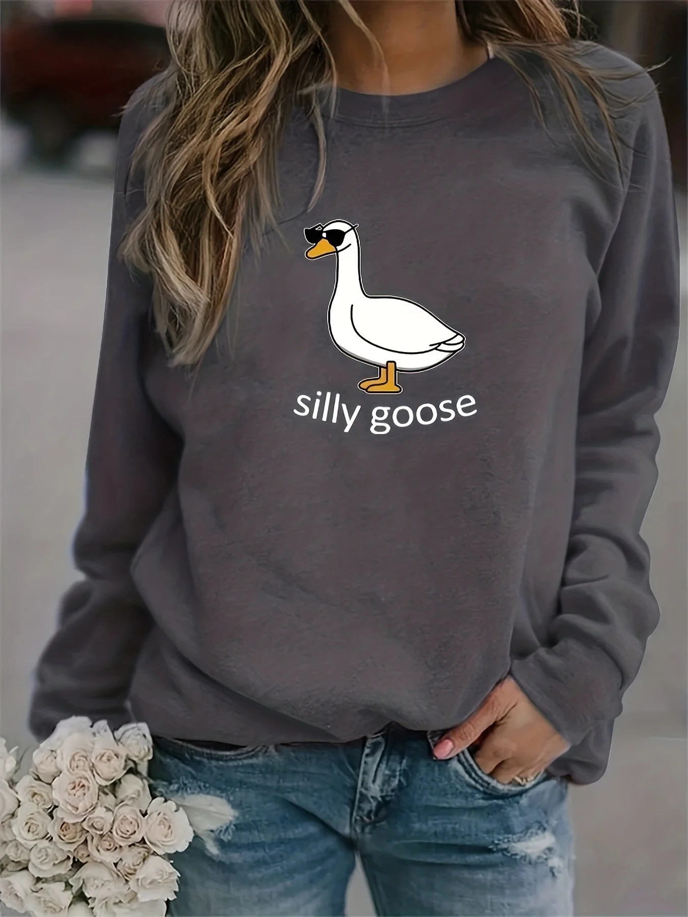 

Fun Silly Goose Print Sweatshirt Casual Oversized Crew Neck Pullover Long Sleeve Comstylish Soft Hoodie for Girls Fall & Winter