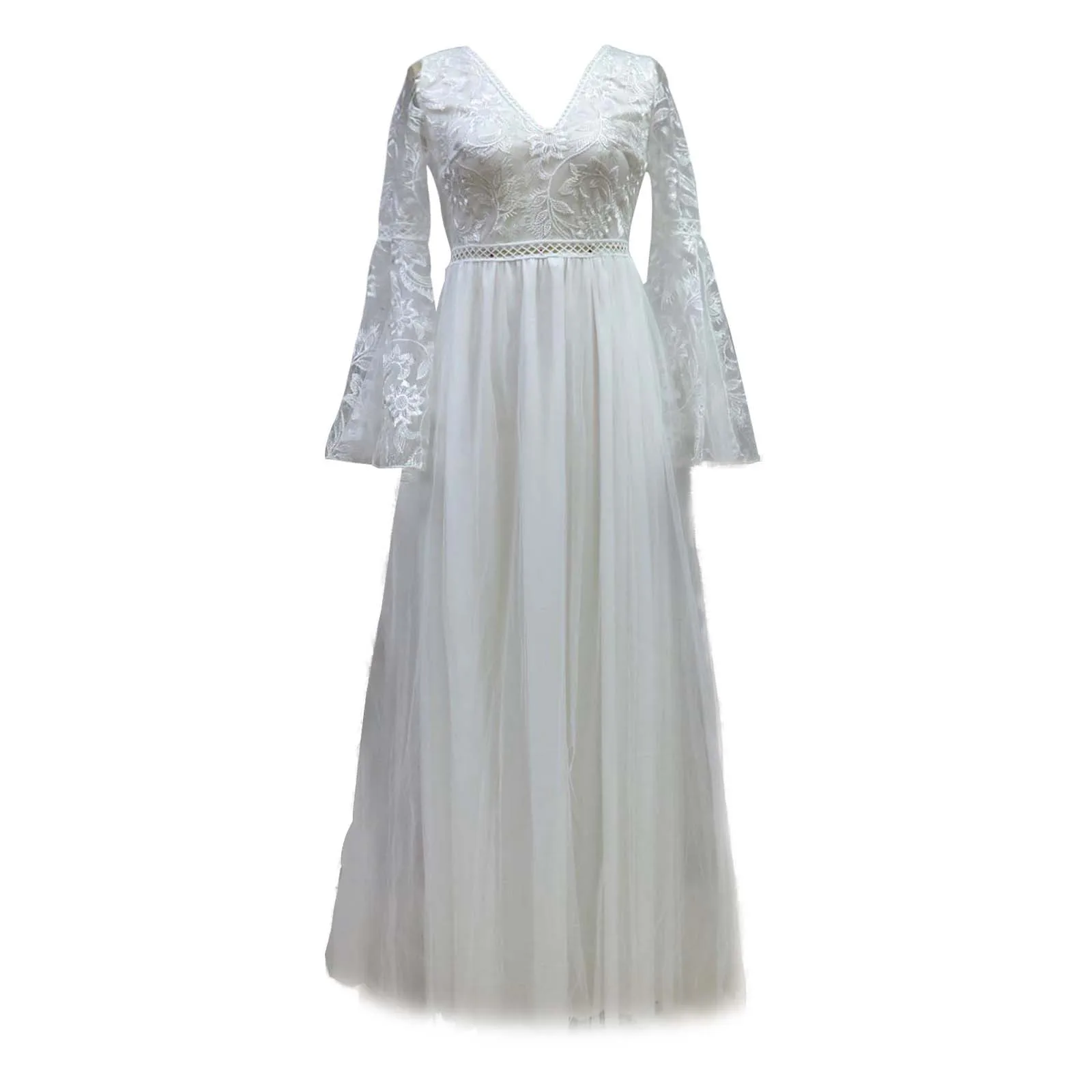 Women's Mesh Lace Long Sleeved Dress With Flared Sleeves V Neck Whiter Maxi Dresses For Women Formal Party Wedding Dress
Women's Mesh Lace Long Sleeved Dress With Flared Sleeves V Neck Whiter Maxi Dresses For Women Formal Party Wedding Dress