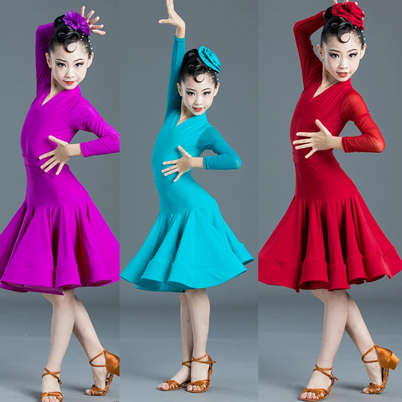 

Kids Competition Dancing Clothes Girls Latin Dance Performance Dress Long Sleeves National Standard Ballroom Dance Wear SL9682
