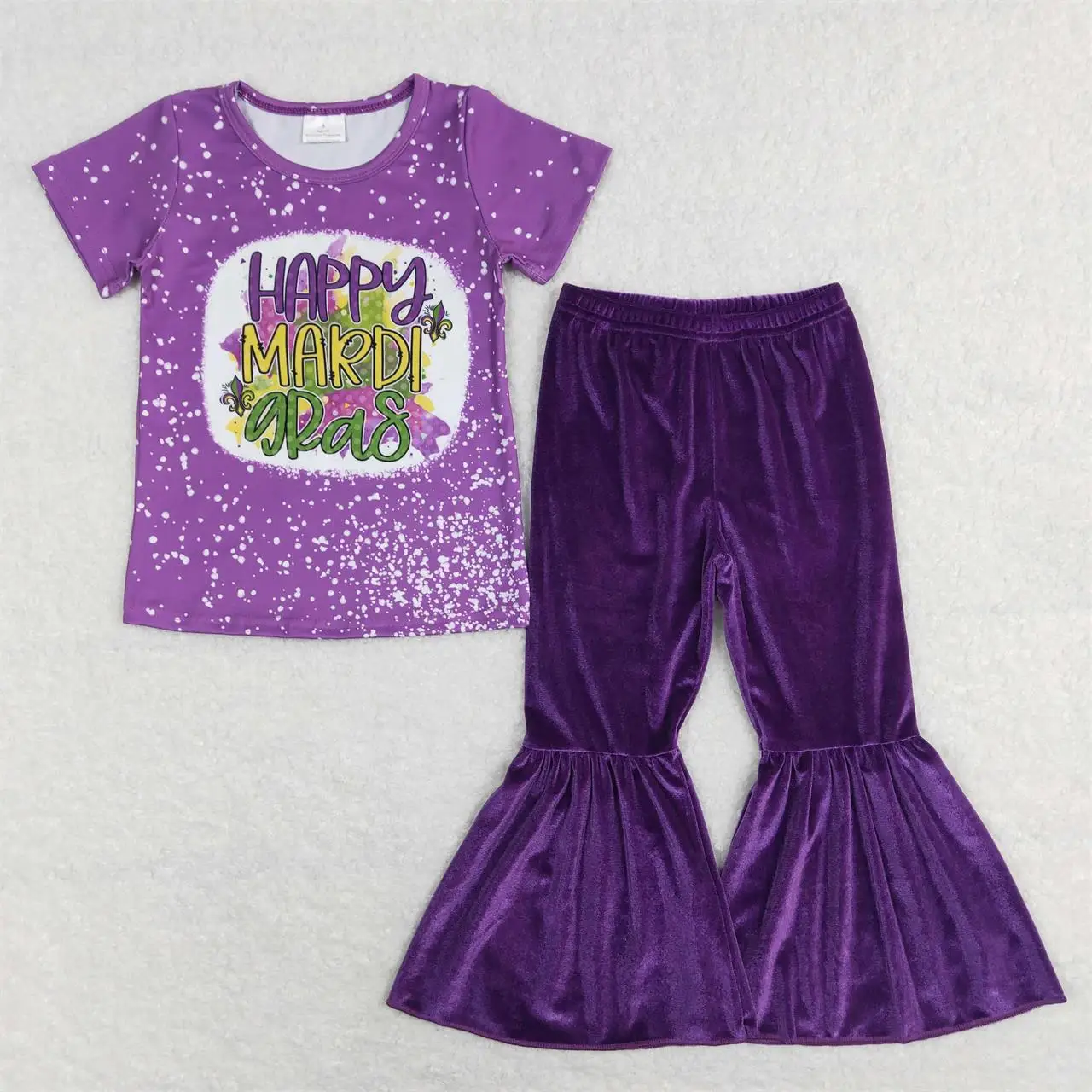 

Wholesale Kids Mardi Gras Set Baby Girl Short Sleeves T-shirts Toddler Children Purple Velvet Bell Bottom Pants Outfit