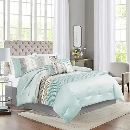 

Park Amherst Faux Silk Comforter Set-Casual Contemporary Design All Season Down Alternative Bedding, Matching Shams, Bedskirt, D