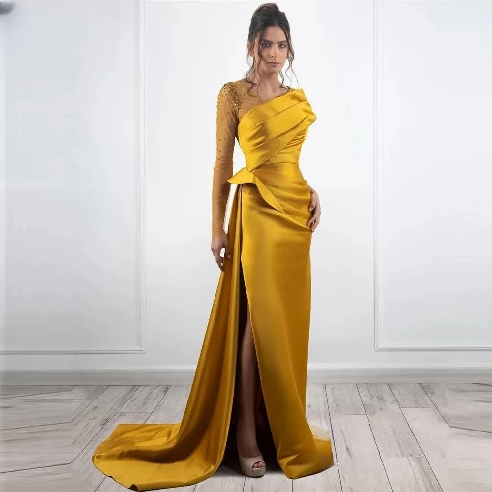 Sexy Off the Shoulder Golden Satin Evening Dresses Long Sleeves sequin Split Pleats Arabic Wo Customize To Measures Saudi arabic
Sexy Off the Shoulder Golden Satin Evening Dresses Long Sleeves sequin Split Pleats Arabic Wo Customize To Measures Saudi arabic