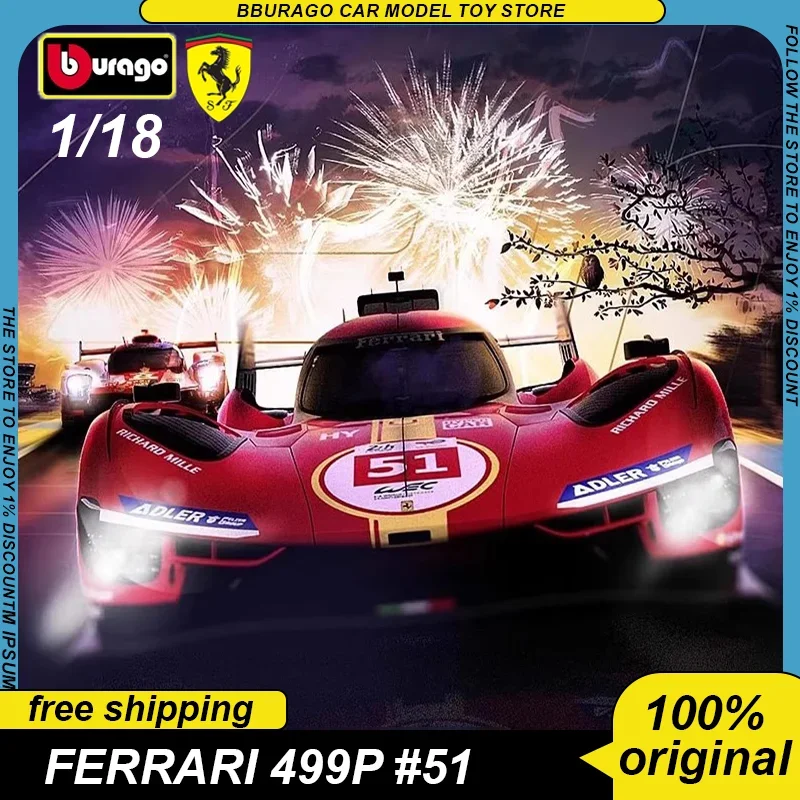 

1:18 Bburago New Product Ferrari 499p 51 Racing Car Le Mans Champion Alloy Luxury Vehicle Toys Diecast Model Edition Car Gift