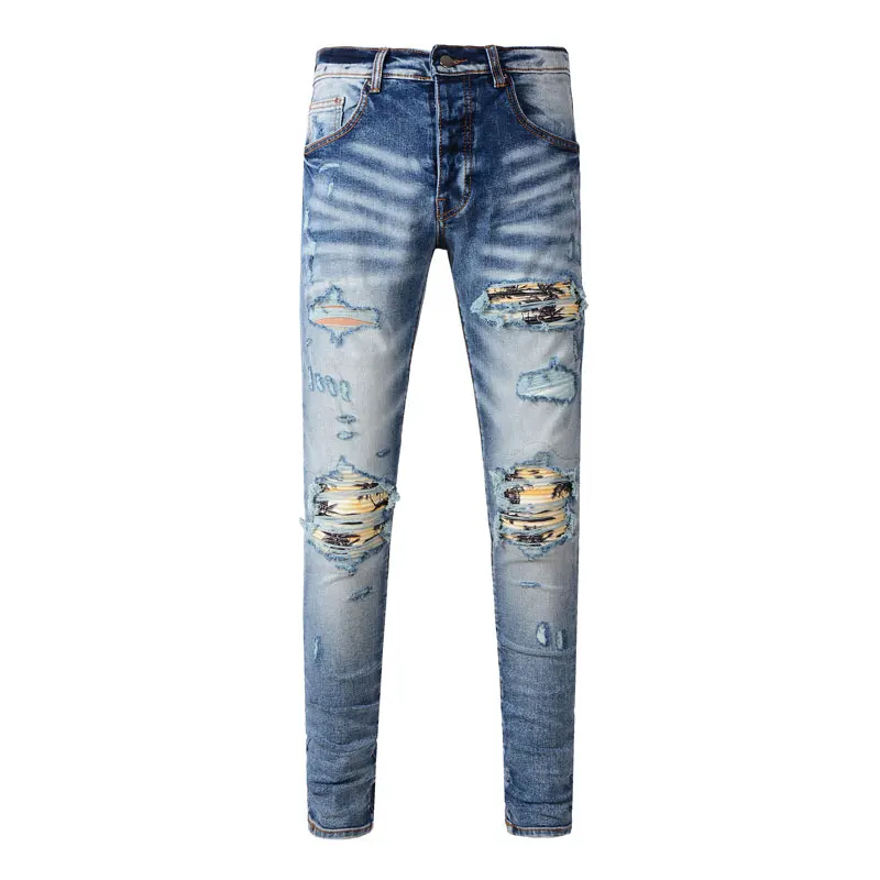 

High Street Fashion Men Jeans Retro Blue Stretch Skinny Fit Ripped Jeans Men Buttons Fly Patched Designer Hip Hop Brand Pants