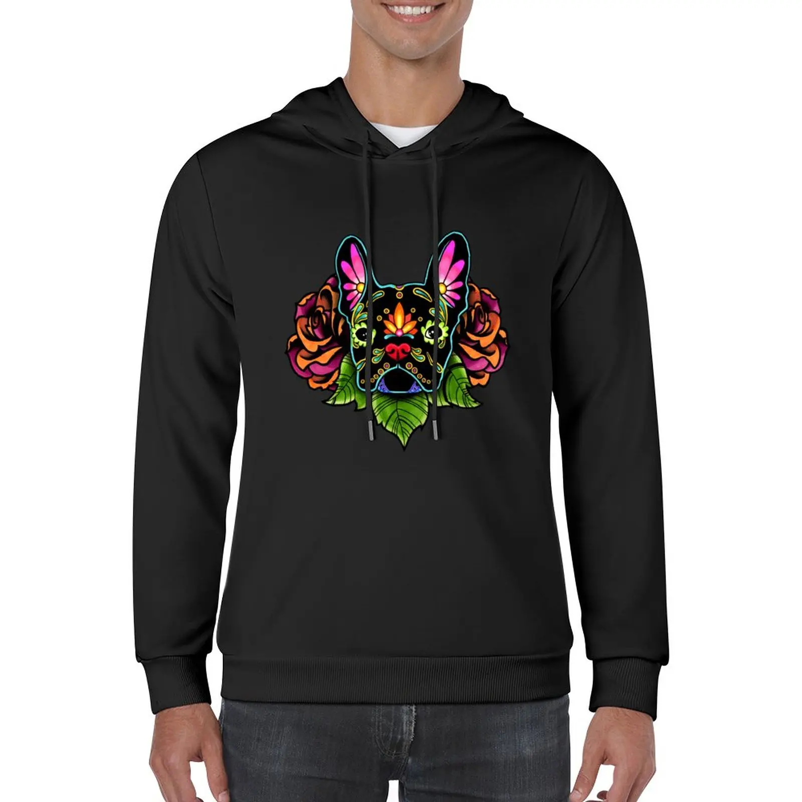 

New Day of the Dead French Bulldog in Black Sugar Skull Dog Pullover Hoodie autumn new products men's clothes autumn hoodie