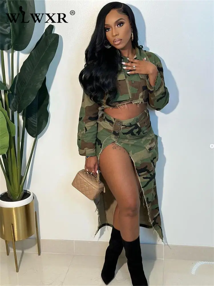 

WLWXR Summer Sexy Camo Patchwork Jacket And Skirts For Women 2023 Army Green Bodycon Long Sleeve Jacket And Mini Side Slit Skirt