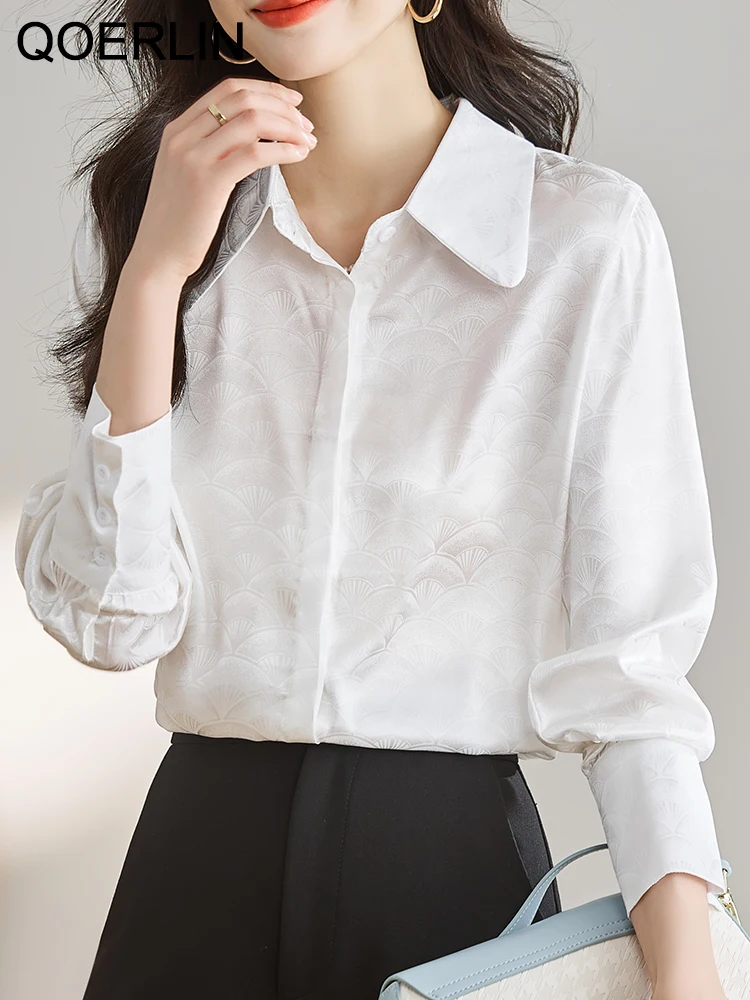 

QOERLIN French Style Quality Satin Jacquard White Shirts Office Ladies Single-Breasted Long Bishop Sleeve Top Blouse Women S-XXL