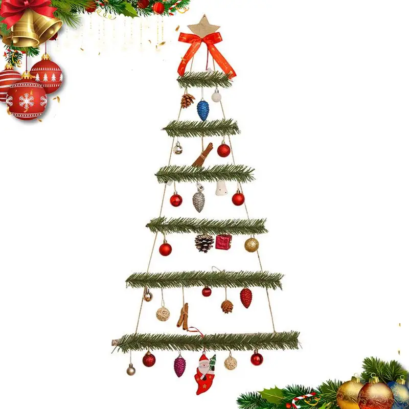 

Освещенная настенная Рождественская елка, эстетическая и атмосферная плоская Рождественская елка в форме декора с Санта-Клаусом и колокольчиками для