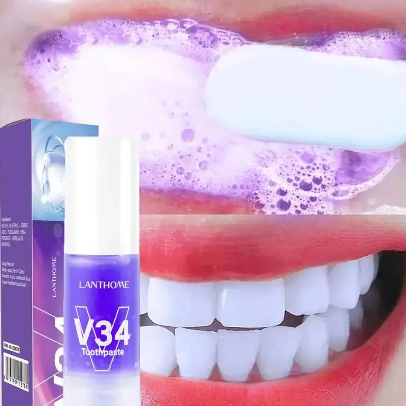 

V34 Purple Teeth Whitening Toothpaste Tooth Whitener Removal Stains Smoke Coffee Plaque Corrector Clean Oral Dental Bleach Care