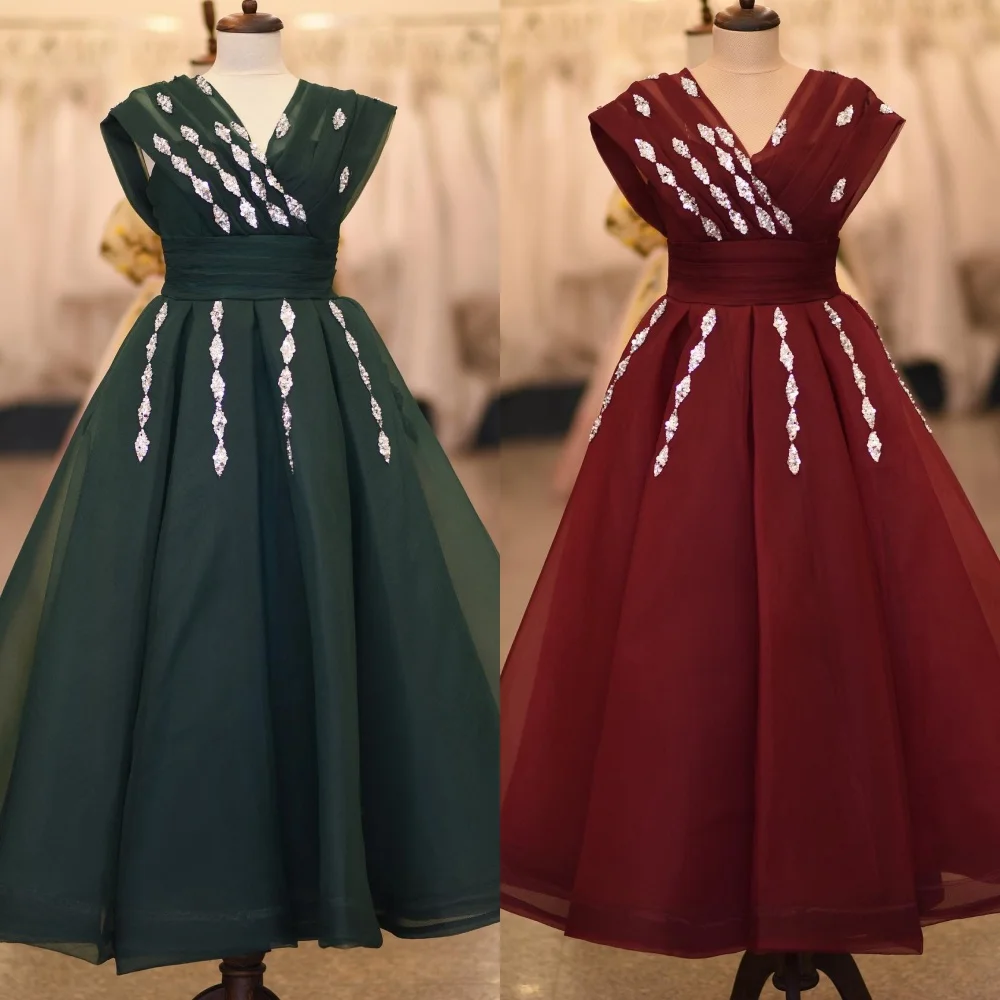 

Ball Dress Evening Saudi Arabia Organza Beading Draped Pleat Wedding Party A-line V-Neck Bespoke Occasion Gown Midi Dresses