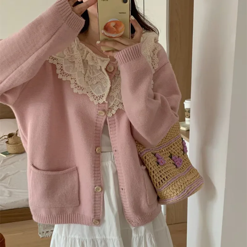 

Knitted Cardigan Coat 2023 Winter Loose Fungus Side Design Soft Sweater Preppy Style Solid Knitwear All-match Ladies Outwear New