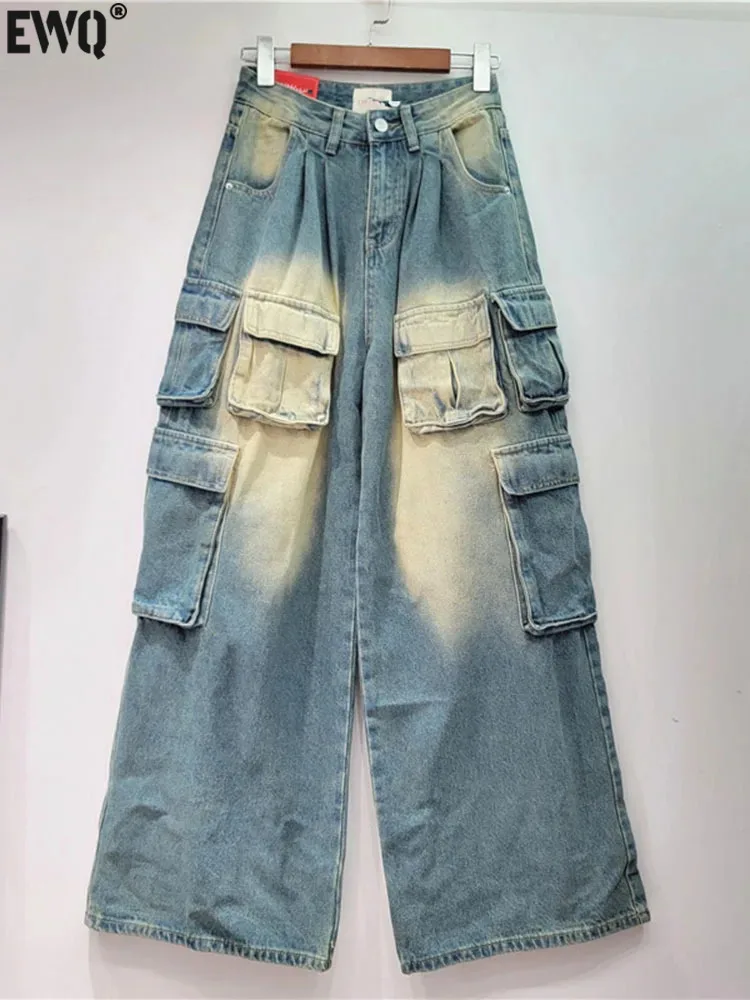 

[EWQ] High Street Multi Pockets Washed Old Multi Pockets Denim Pant Loose Versatile Trouser For Women 2024 Spring Summer 16U8826