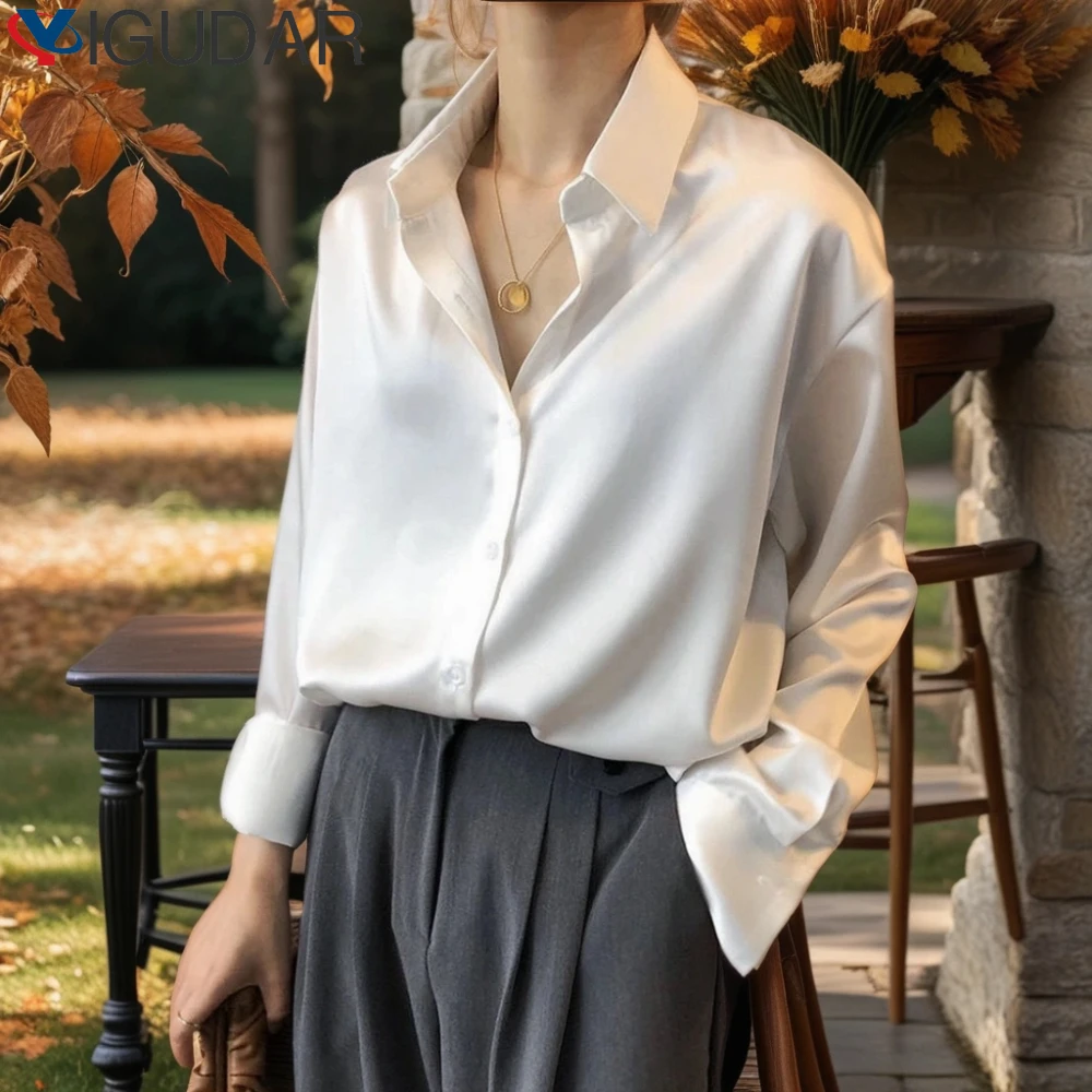 

Женская атласная блузка на пуговицах, винтажная шелковая блузка с длинным рукавом, свободный однотонный топ, весна-лето 2024