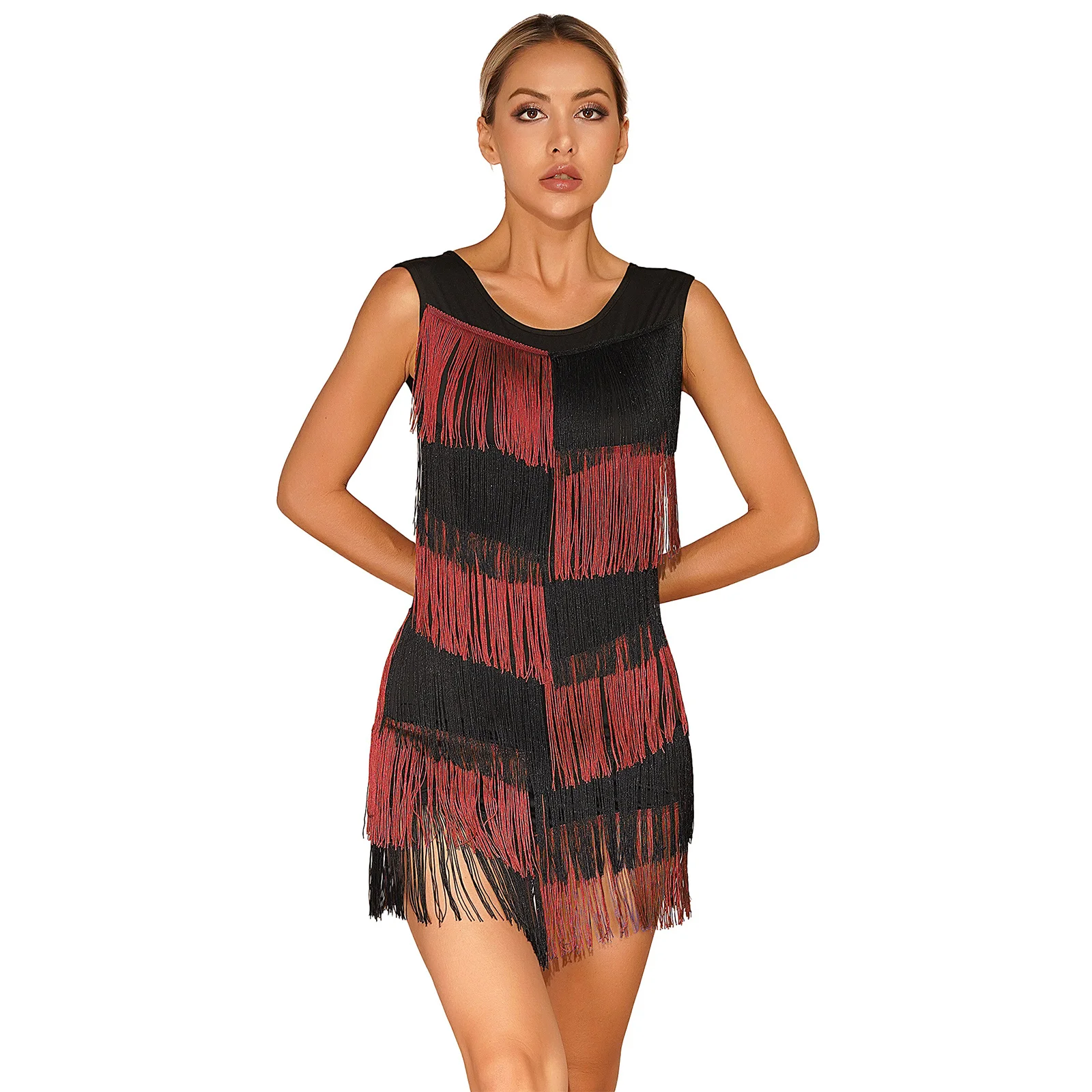 Womens Latin Dancewear Sleeveless Ballroom Color Block Tassel Dress Dance Performance Costume Fringed Dresses with Shorts
Womens Latin Dancewear Sleeveless Ballroom Color Block Tassel Dress Dance Performance Costume Fringed Dresses with Shorts