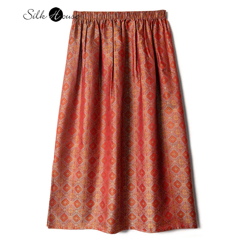 

2024 Women's Fashion Spring New 100%Natural Mulberry Silk Heavyweight Song Brocade Red Bottom Checkered Window Flower Skirt