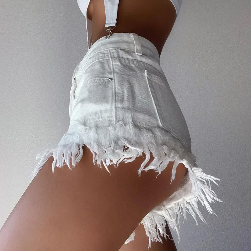 

Tight-fitting High-waist Denim Sexy Mini Shorts with Fringed 2023 Women's Summer New Sexy Shorts Fringe Fringe Booty Shorts