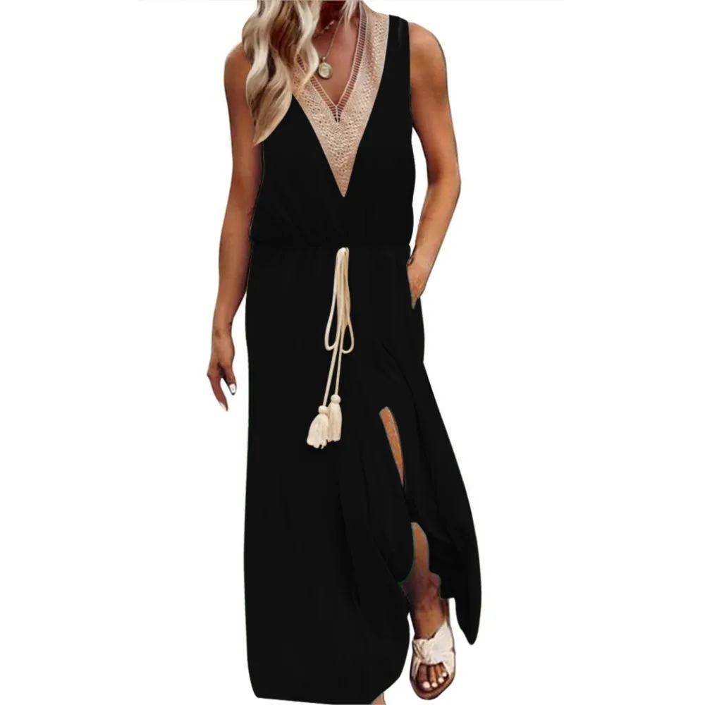 2024 Summer Women's Lace Hollow V-Neck Sleeveless Dresses Split Solid Casual Long Dress Elegant Elastic Waist Large Swing Robe
2024 Summer Women's Lace Hollow V-Neck Sleeveless Dresses Split Solid Casual Long Dress Elegant Elastic Waist Large Swing Robe