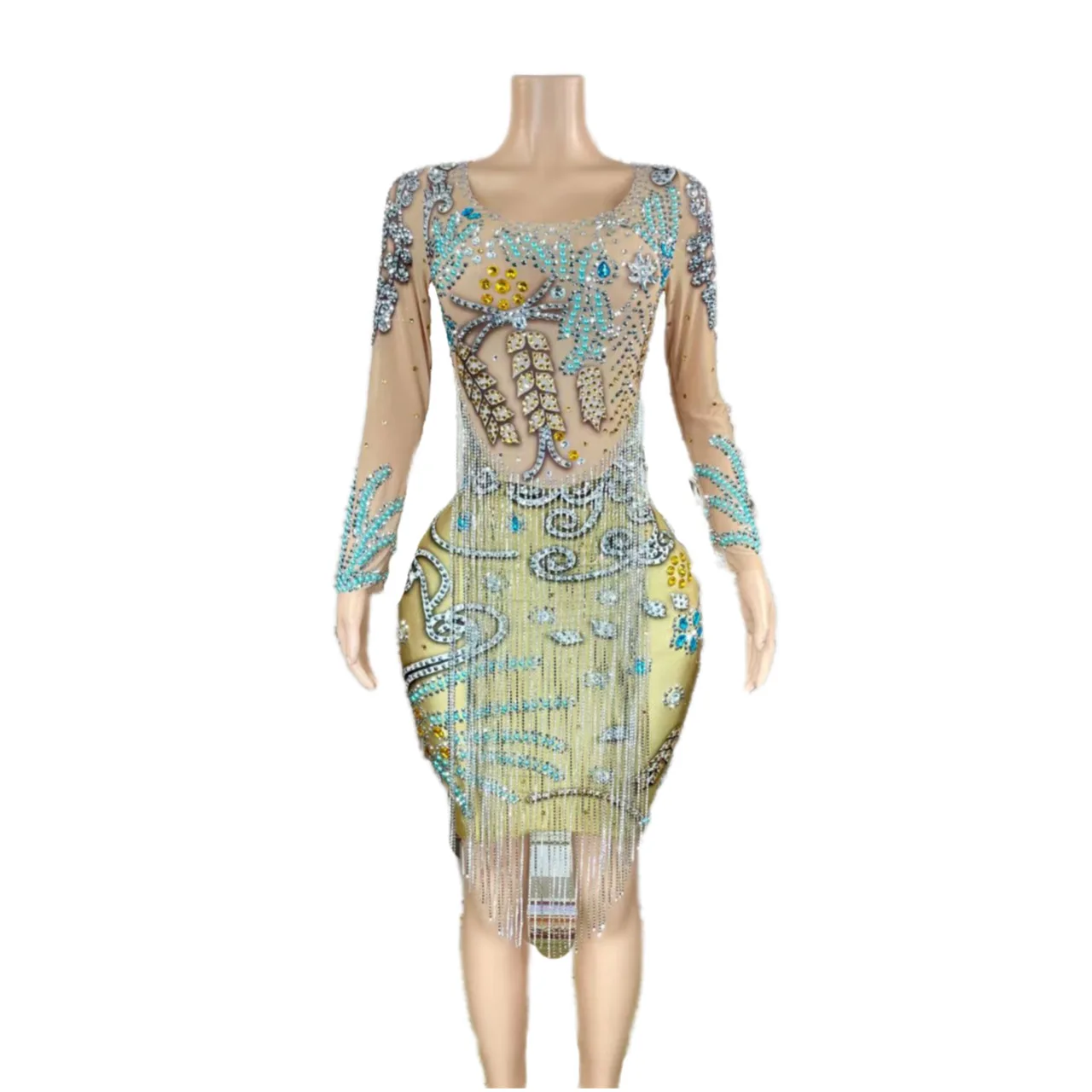 Nude Shining Rhinestones Long Sleeves Sexy Tassel Dress For Women Nightclub Party Clothing Singer Stage Coachella Costume
Nude Shining Rhinestones Long Sleeves Sexy Tassel Dress For Women Nightclub Party Clothing Singer Stage Coachella Costume
