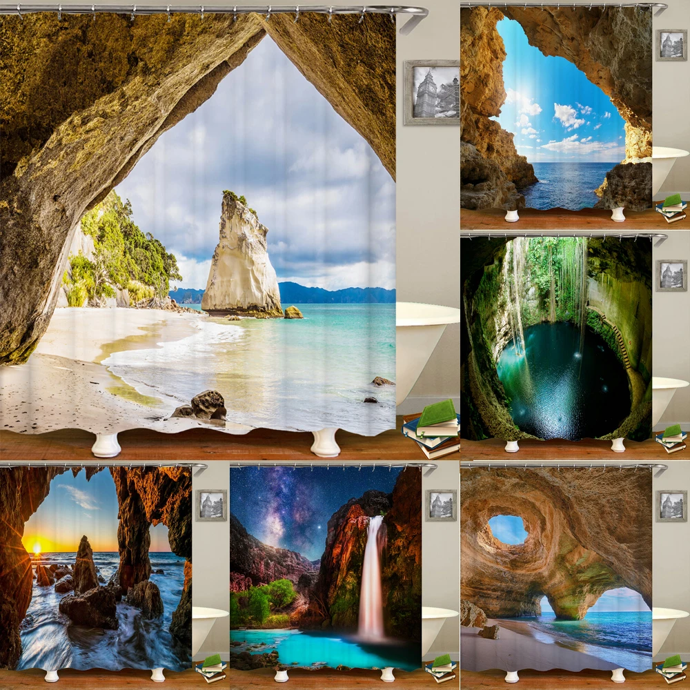 

Waterproof Shower Curtain Seaside Cave Beach Scenery 3D Printing Shower Curtains Polyester Fabric Home Decor Curtain 180x180cm