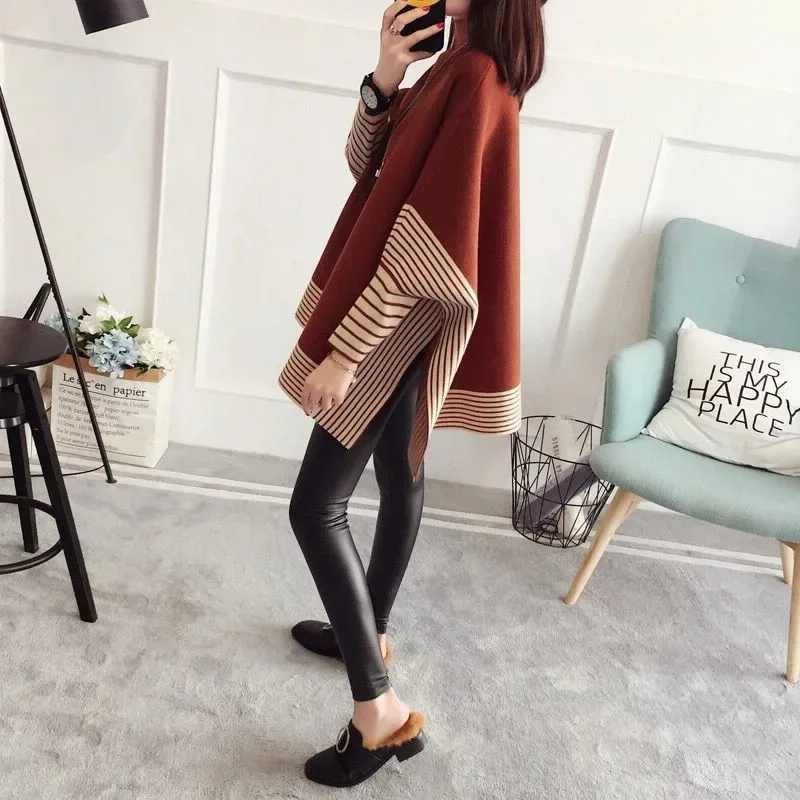 

Autumn Winter Fashion Shawl Warm Casual Loose Knitted Tops 2024 Latest Women Pullover Female Sweater Knitted Caped Bat Sleeve