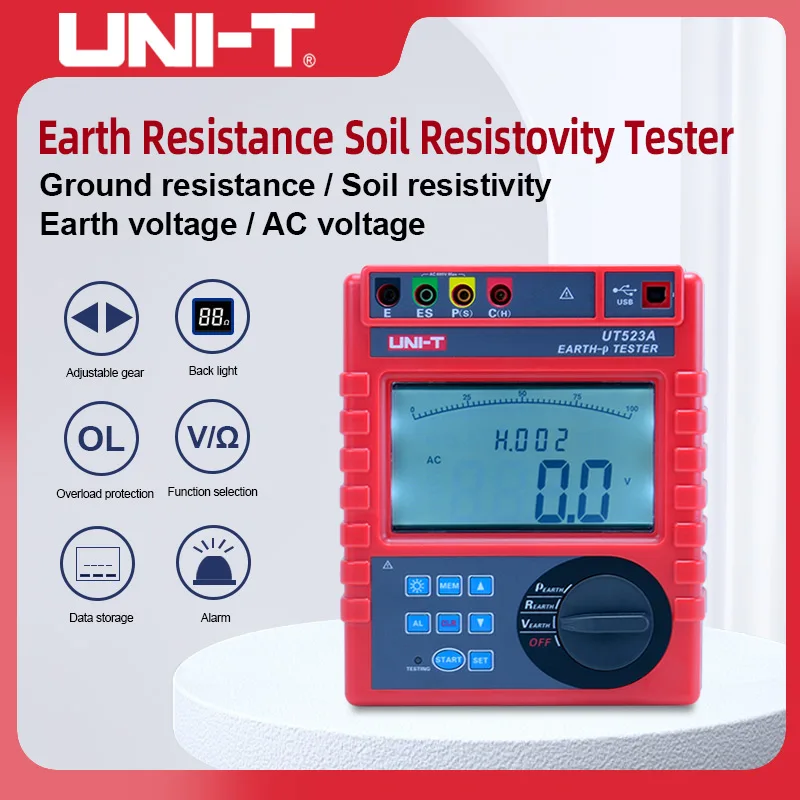 

UNI-T Digital 2/3/4 Pole Earth Ground Resistance Voltage Soil Resistivity Tester Ohm Multimeter UT523A