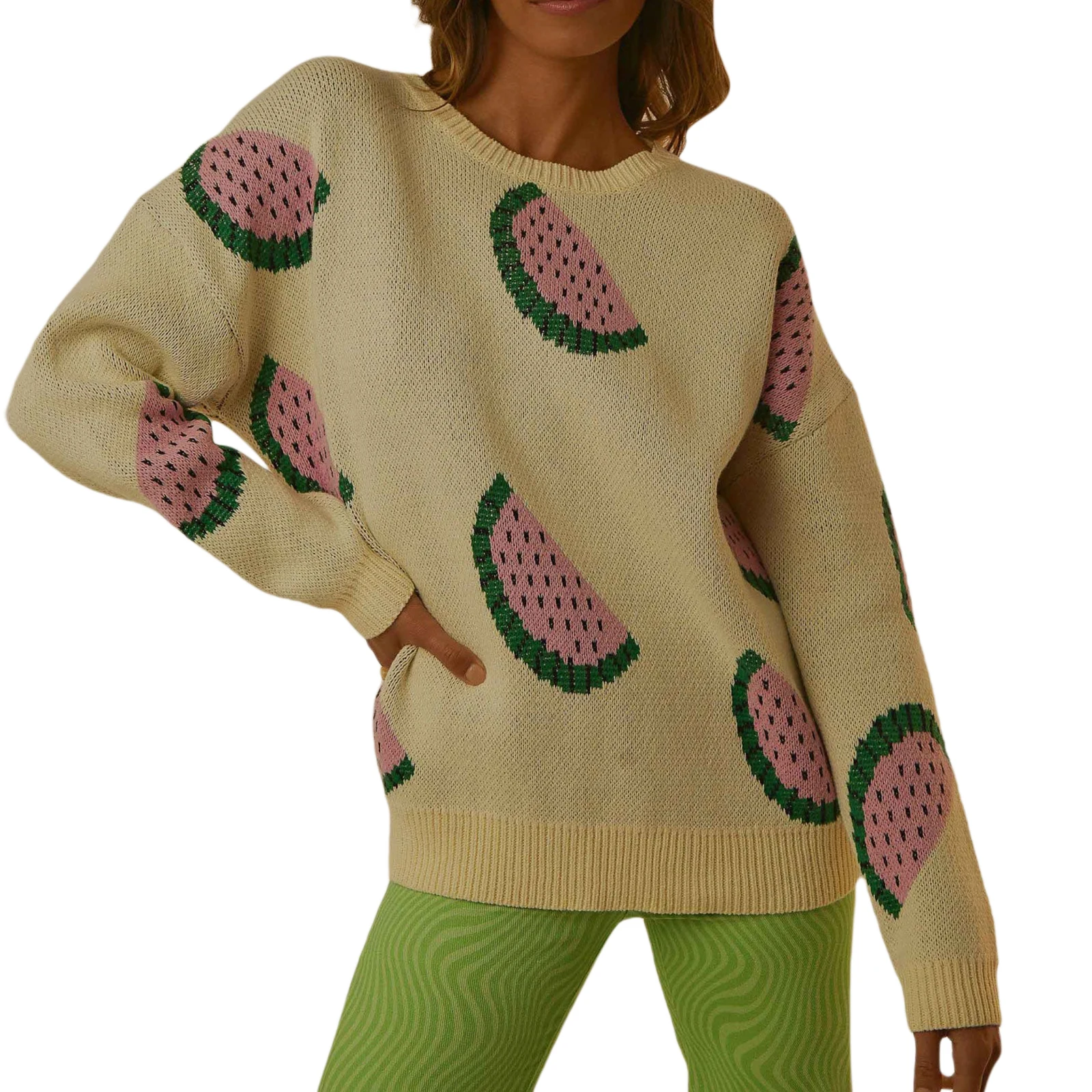 Women's Round Collar Knitted Tops Long Sleeve Watermelon/Lemon Printed Tops Autumn Ladies Loose Fit Casual Streetwear Pullovers
Women's Round Collar Knitted Tops Long Sleeve Watermelon/Lemon Printed Tops Autumn Ladies Loose Fit Casual Streetwear Pullovers