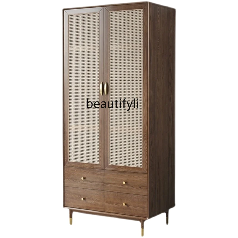 

Vintage Rattan Solid Wood Double-Door Closet Home Bedroom Storage Wardrobe Complete Hanging Cabinet