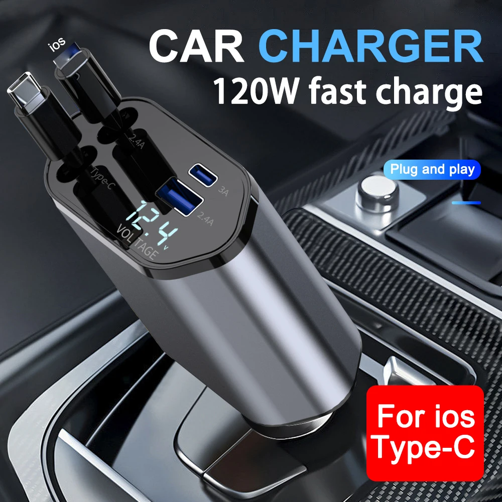 

4 in 1 Retractable Car Charger Wired 120W for iPhone Samsung Xiaomi iPad USB C Cable for IP/Type-C Super Fast Charging Adapter