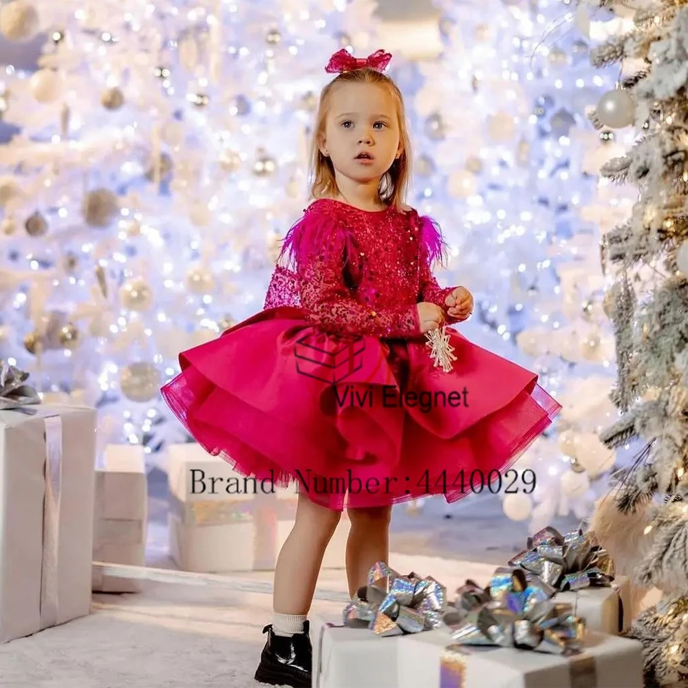 

Modern Scoop Flower Girls Dresses for Kids 2024 New Knee Length Full Sleeve Christmas Gowns with Sequined Feather فلور فتاة الل