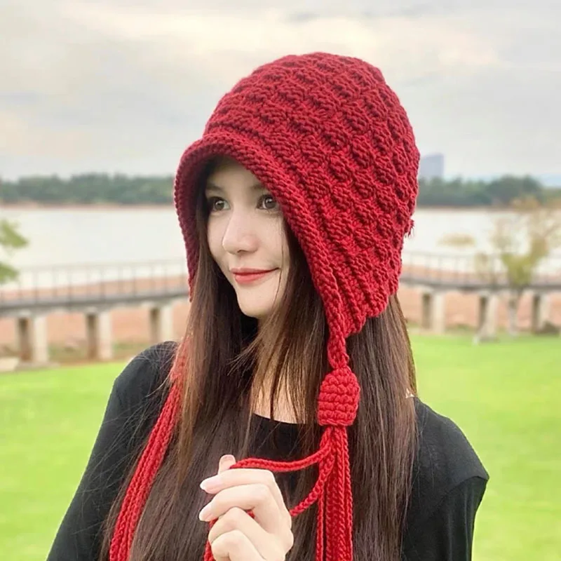 

Autumn Season Thickened Warm Beanie Ethnic Style Handmade Knitted Hat for Women Winter Earflap Woolen Cap