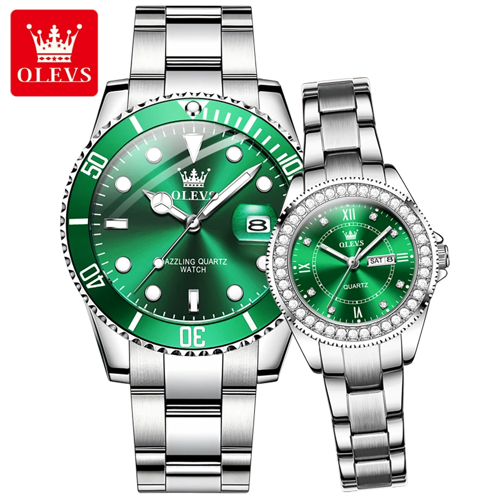 

OLEVS Couple Watch Luxury Top Original Quartz Watches Stainless Steel Lover's Wristwatch for Men Women Green Water Ghost Series