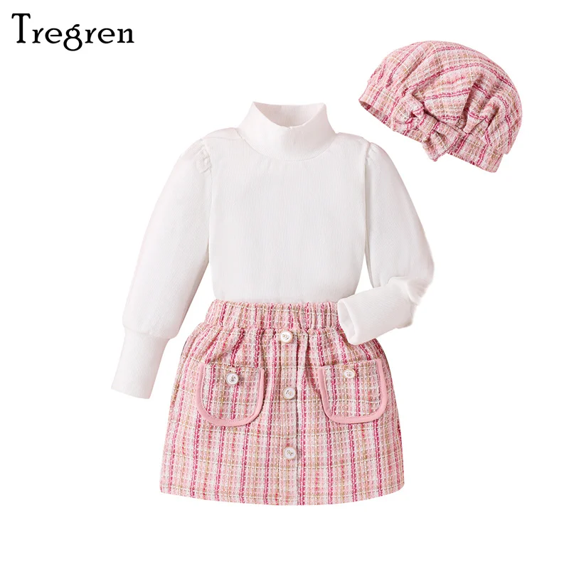 

Tregren 4-7Y Fashion Kid Girl Fall Outfit Solid Color Ribbed Long Sleeve High Neck Tops + Plaid Skirt + Beret 3Pcs Clothes Sets