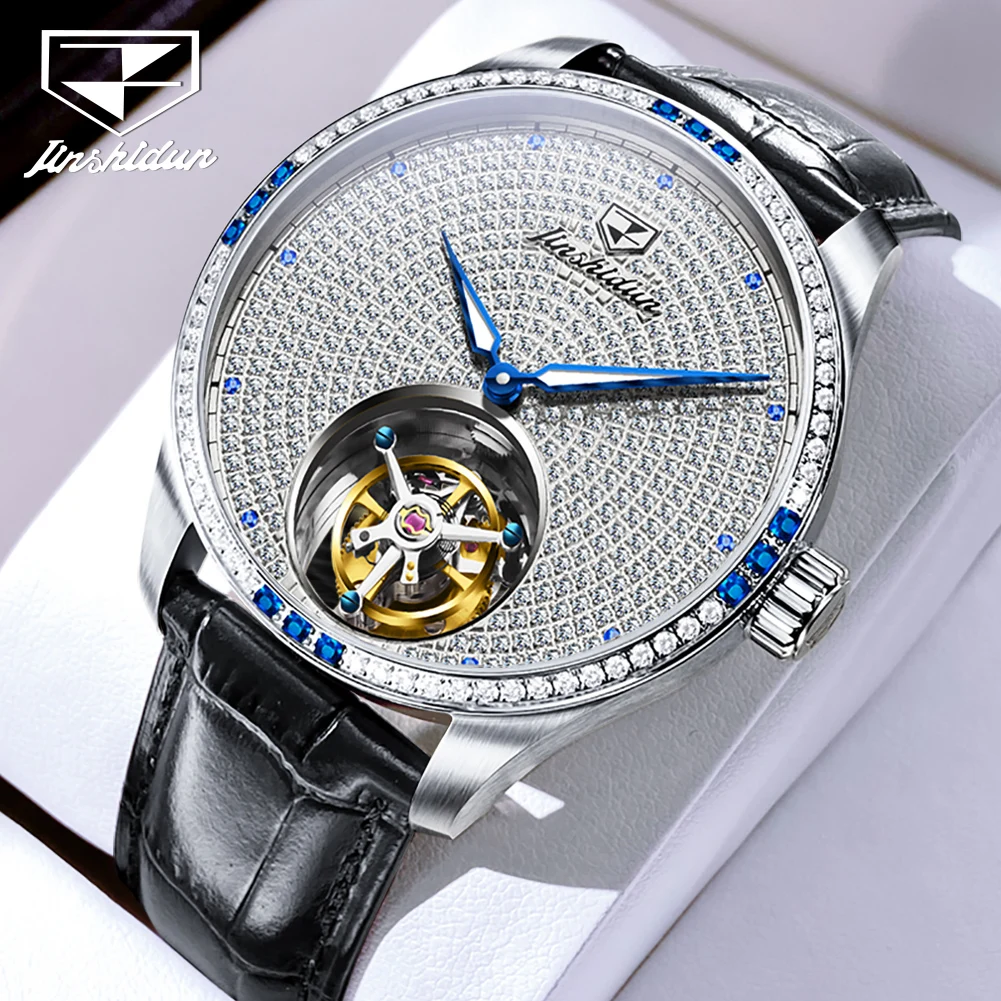 

JSDUN полностью алмазные мужские часы Роскошный топ турбийон механизм Кожаный ремешок сапфировое зеркало водонепроницаемые мужские наручные часы оригинал