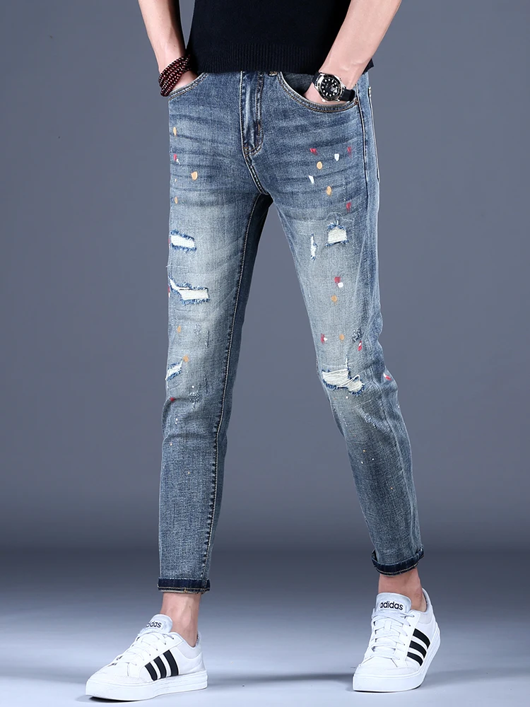 Summer Blue Ripped Jeans Men Ankle-Length Pants Streetwear Casual Dot Printed Denim Trousers
Summer Blue Ripped Jeans Men Ankle-Length Pants Streetwear Casual Dot Printed Denim Trousers