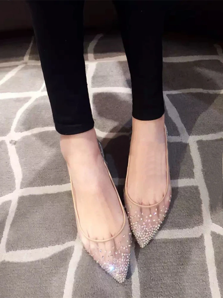 Flat bottom mesh rhinestone pointed single shoe women's versatile fairy style patent leather nude crystal shoes wedding shoes 
Flat bottom mesh rhinestone pointed single shoe women's versatile fairy style patent leather nude crystal shoes wedding shoes