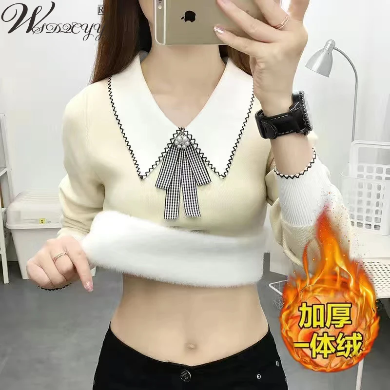 Plus Velvet Knitted Sweater Women Autumn Winter Peter Pan Collar Knitwear Pullover Oversized Long Sleeve Bottoming Jumper Korean
Plus Velvet Knitted Sweater Women Autumn Winter Peter Pan Collar Knitwear Pullover Oversized Long Sleeve Bottoming Jumper Korean