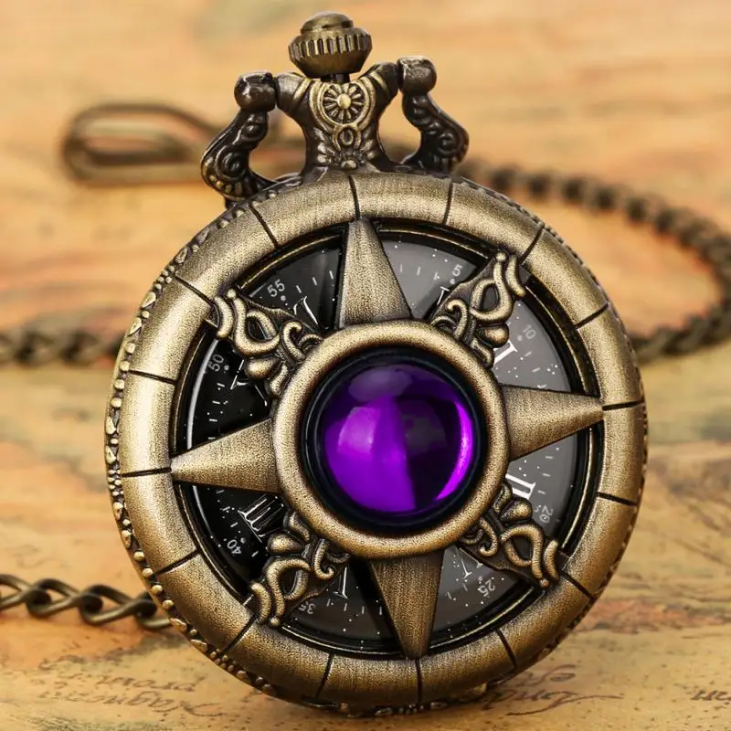 

Bronze Purple Jade Emerald Stone Steampunk Pocket Watches Chain Pendant Clock Roman Numerals Display Antique Gift for Men Women