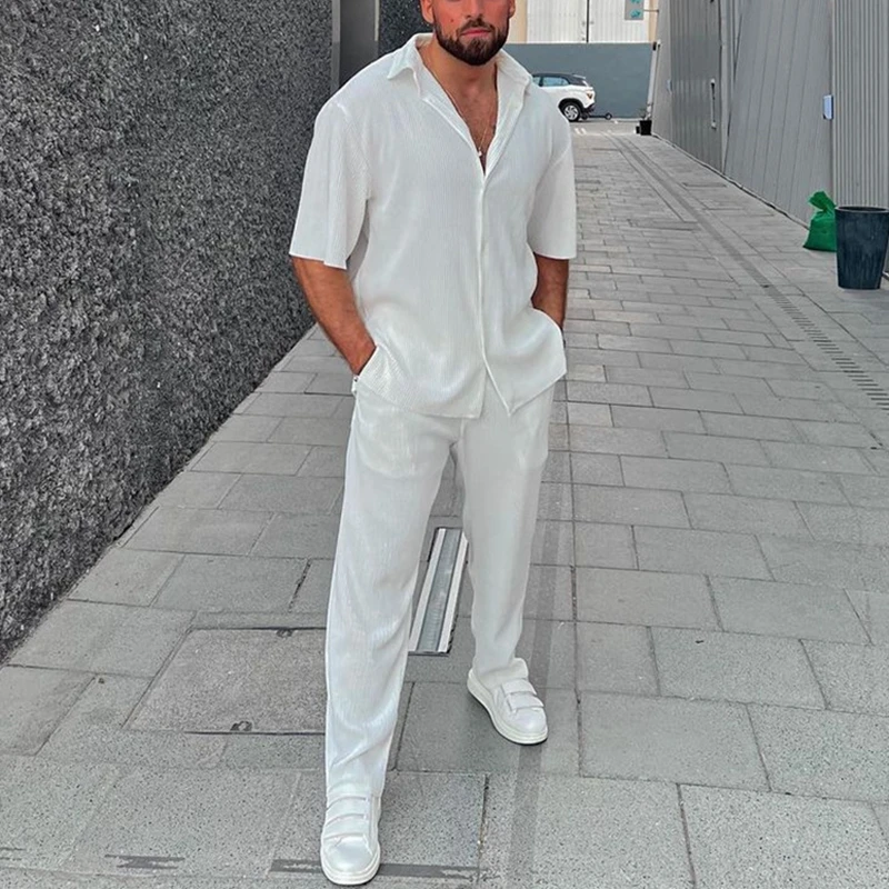 Summer Men Sets Casual Loose Two-piece Set Solid Lapel Button Shirts + Long Pants Suit Office Men's Short Sleeve Trousers Outfit
Summer Men Sets Casual Loose Two-piece Set Solid Lapel Button Shirts + Long Pants Suit Office Men's Short Sleeve Trousers Outfit