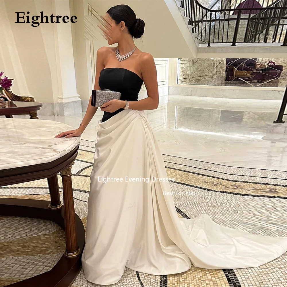

Eightree Arabic Vintage Evening Dresses Strapless Satin Black And White Party Dresses Abendkleider Dubai Formal Occasion Dress