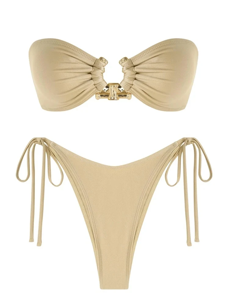 

Women's Swimsuit Strapless Solid Bandeau Bikinis High Cut Tube Bikini Set Swimwear Push Up Tops Tie Side Bathing Suit Beachwear