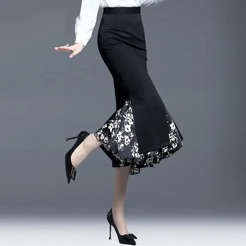 

Юбка-годе женская в стиле Харадзюку, пикантная модная универсальная юбка с цветочным принтом, облегающая бедра, с завышенной талией, в стиле пэчворк, весна-осень