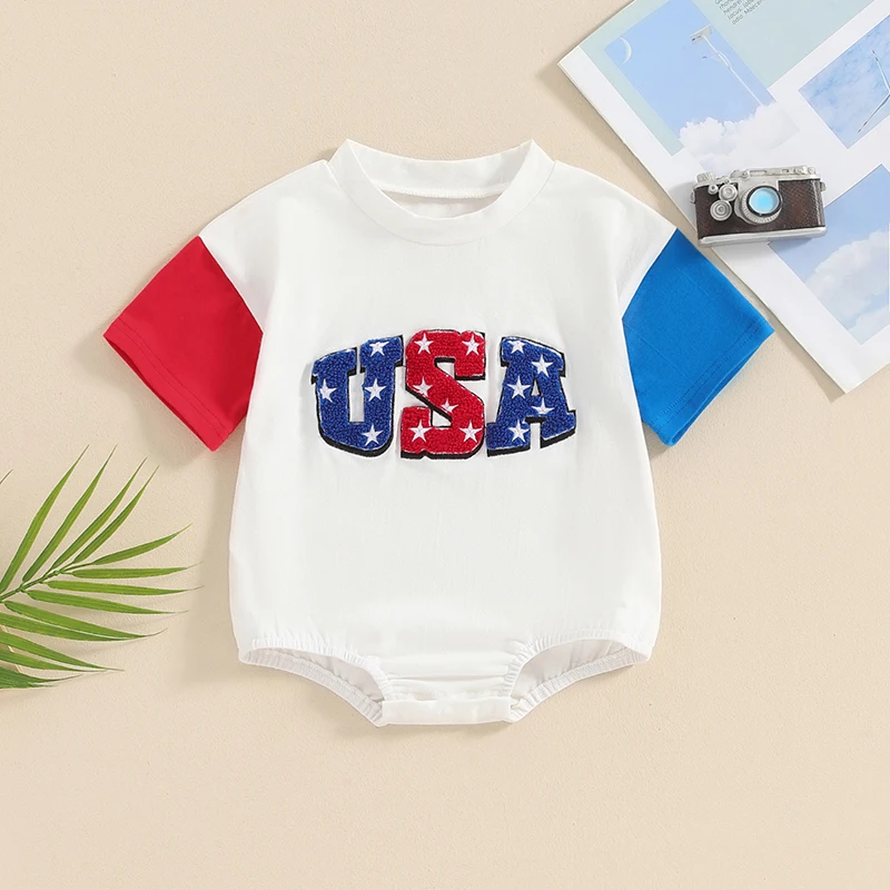 

2024-03-06 Lioraitiin Summer Baby Girls Boys 4th of July Clothes Short Sleeve O-Neck Letter Embroidery Bodysuit Infant Playsuit