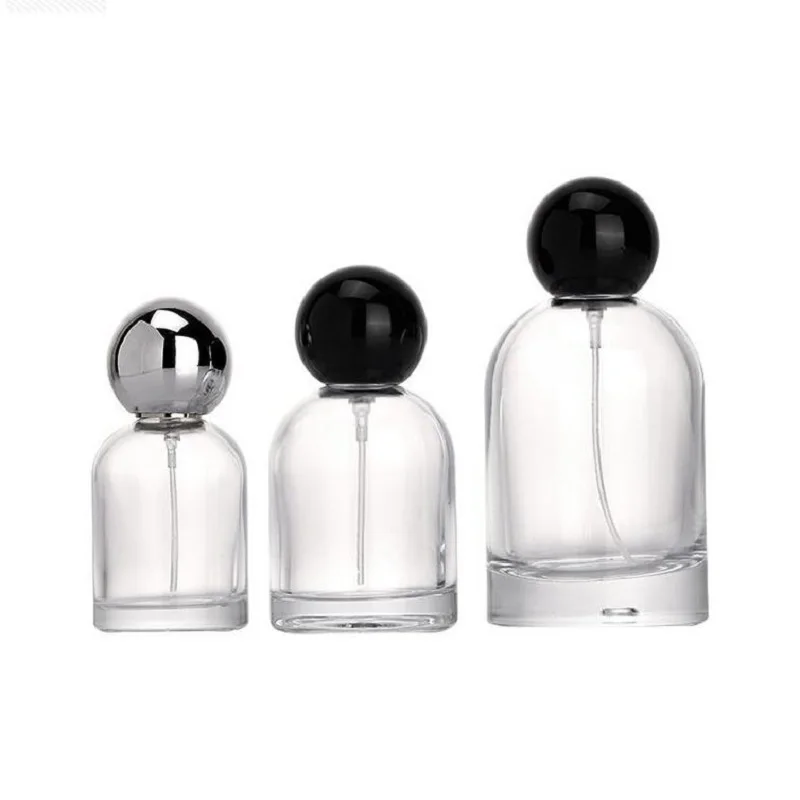 

30ml 50ml 100ml Refillable Bottles Atomizer Crimp Pump Black Silver Ball Shape Lid Empty Clear Glass Perfume Spray Bottle 5pcs