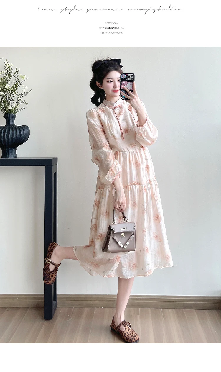2025 Spring Autumn Maternity Floral Dress Ruffled Stand Collar Long Sleeve Pregnancy Chiffon Dress Sweet Fashion Pleated Shirts 2 S1338d9130e7447c5b4a44de24acae331d