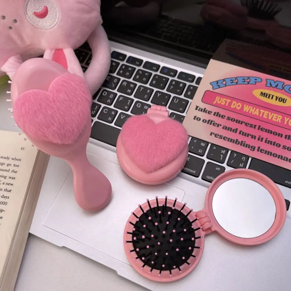

Pink Round Folding Comb with Mirror Portable Love Decor Compact Air Cushion Comb Cartoon Anti Static Pocket Hair Brush Women