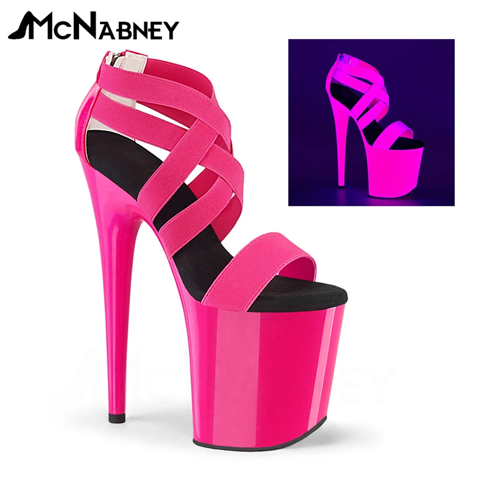 

Neon Pink Pole Dancing Shoes Cross Strap Stiletto Sandals Sexy Super High Heel Summer Shoes Customized for Women In Large Sizes