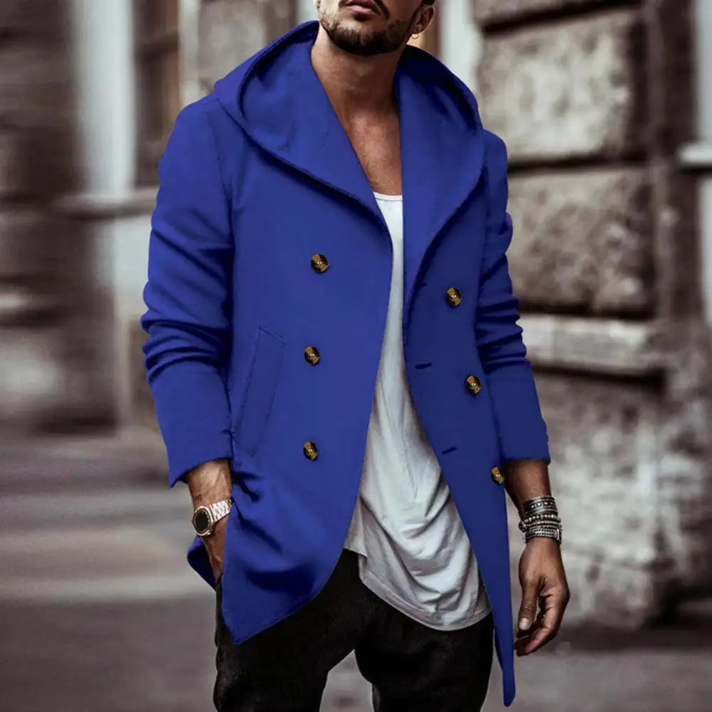 

Мужская двубортная куртка, Стильное мужское двубортное пальто с капюшоном, однотонный мягкий теплый кардиган средней длины для осени и зимы