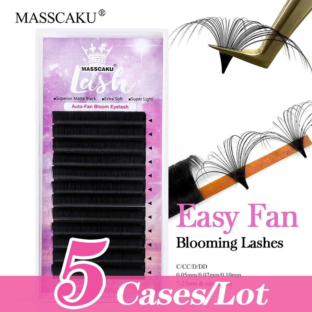 

MASSCAKU 5cases/lot 0.05/0.07/0.10mm Fast Blooming False Eyelashes Extra Soft Russia Volume Faux Lash Extension Makeup Supplies