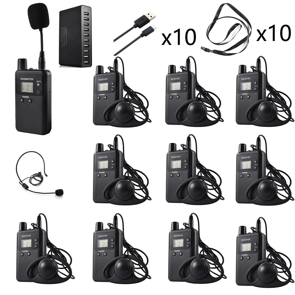 

Wireless Whisper Tour Guide System 1 Transmitter with 2 Microphones, 10 Receivers with 10 Earphones, 1 Charger with 10 Cables