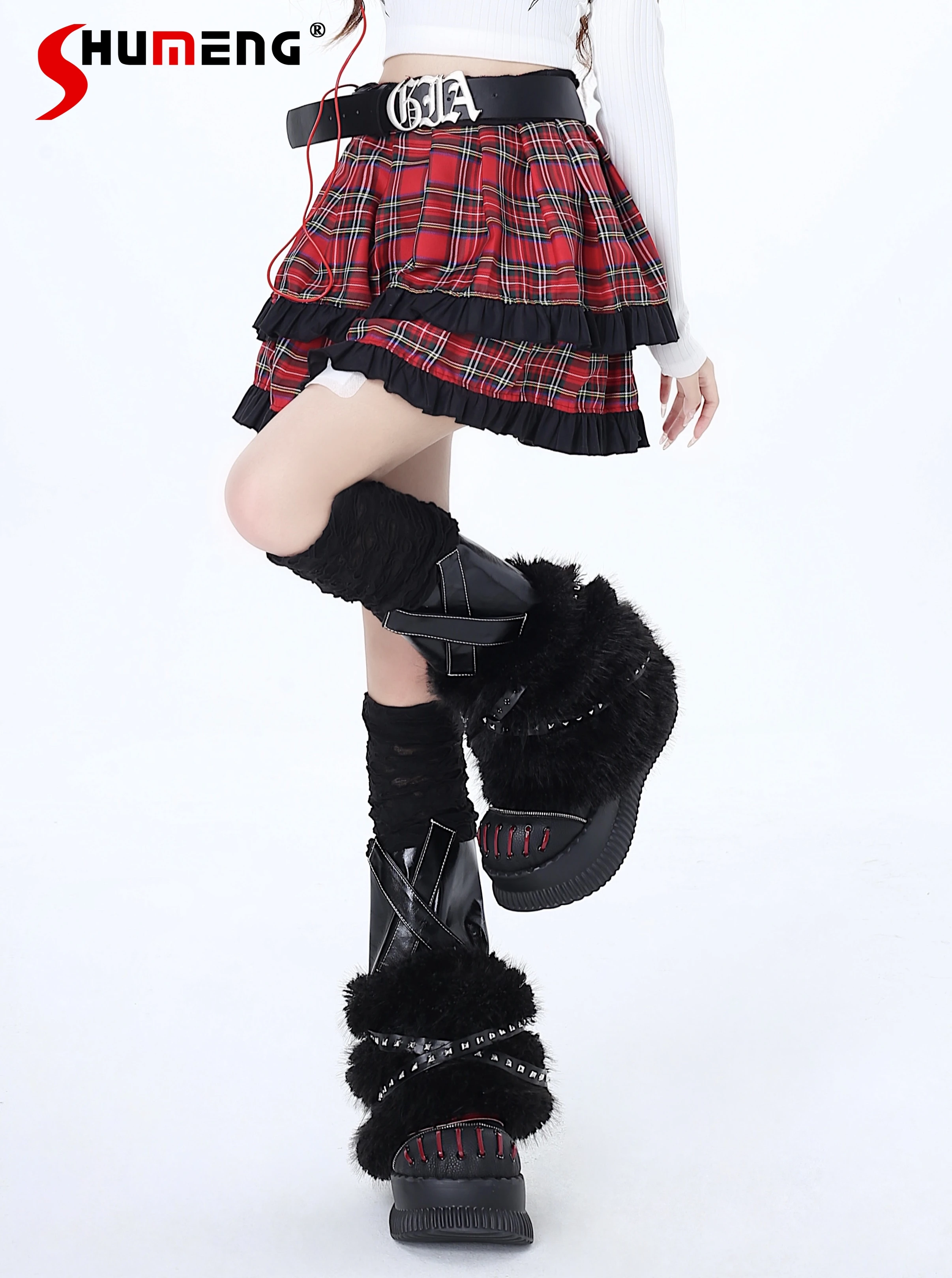 

Harajuku Sweet Black and Red Plaid Pleated Skirt for Women 2024 Spring New College Hot Girl Kawaii Culture Belted Short Skirts